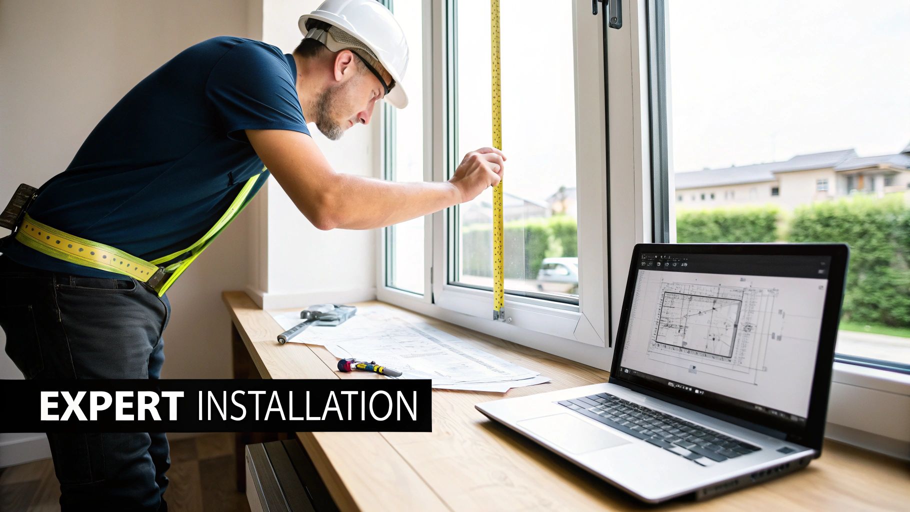 Worker in hard hat measures a window with a tape, with architectural plans visible on a laptop for expert installation.