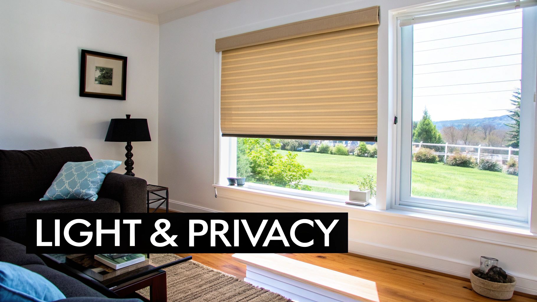 A cozy living room features large windows, one with a beige top-down pleated blind for light and privacy.