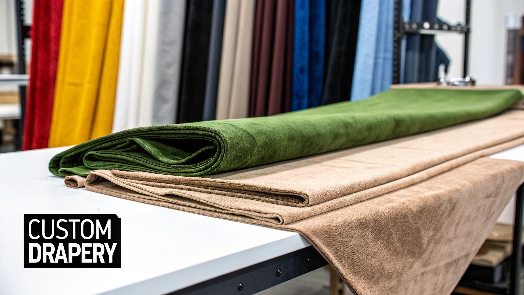 Rolls of green and brown fabric on a table, with colorful drapery samples in the background, promoting custom drapery.