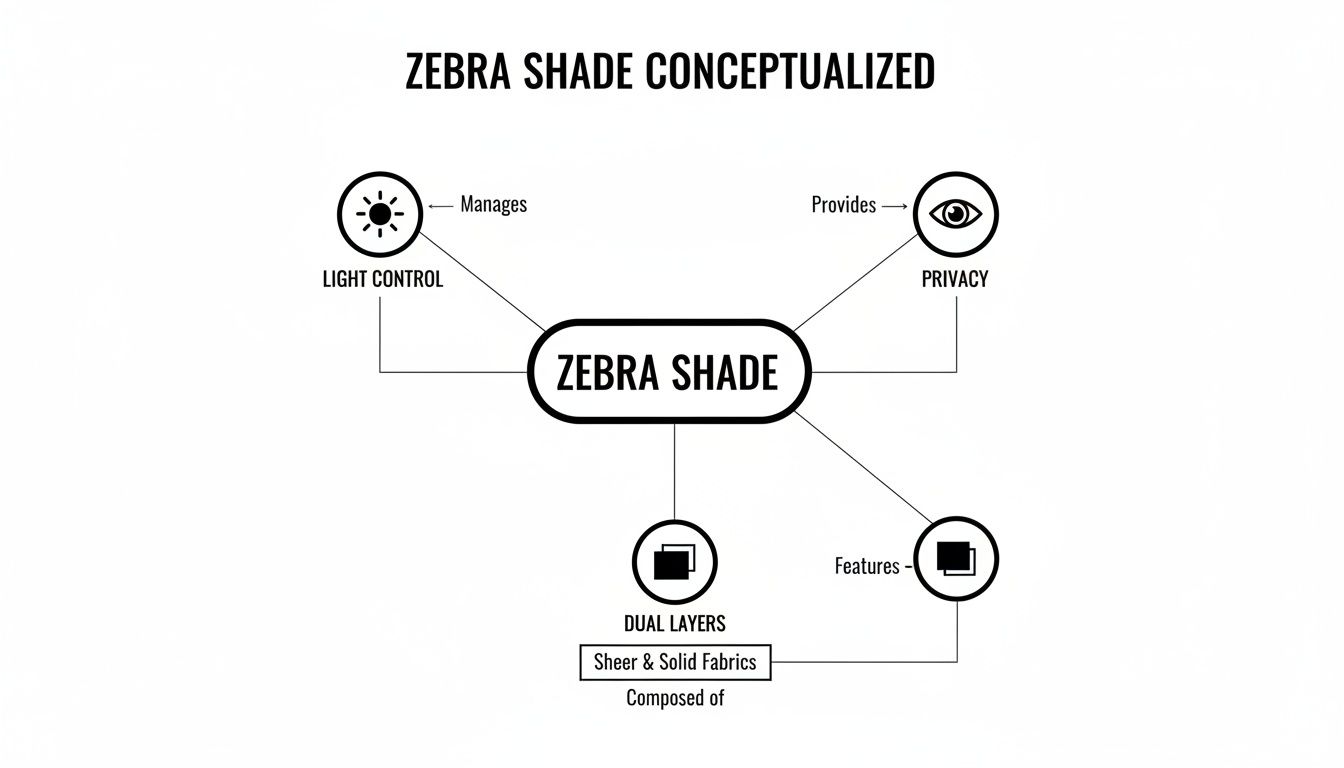 A mind map illustrating Zebra Shade concepts, including light control, privacy, and dual layers of sheer and solid fabrics.
