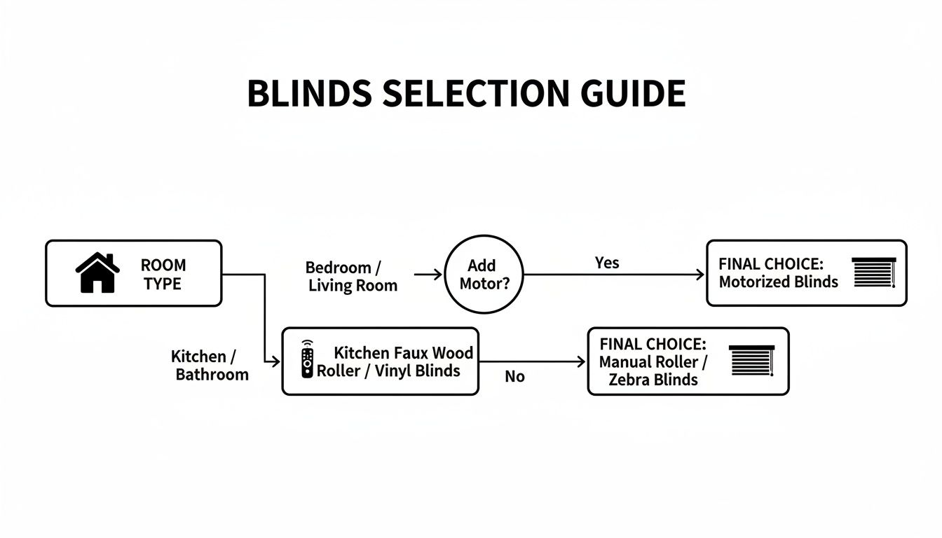 Flowchart guiding blinds selection by room type: bedroom/living room for motorized, or kitchen/bathroom for manual/faux wood blinds.