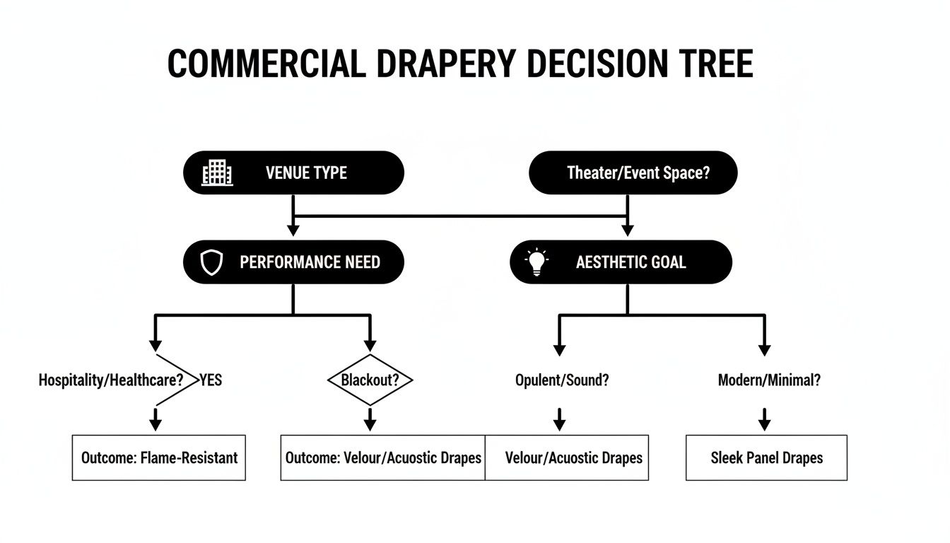 A commercial drapery decision tree showing options based on venue type, performance need, and aesthetic goal.