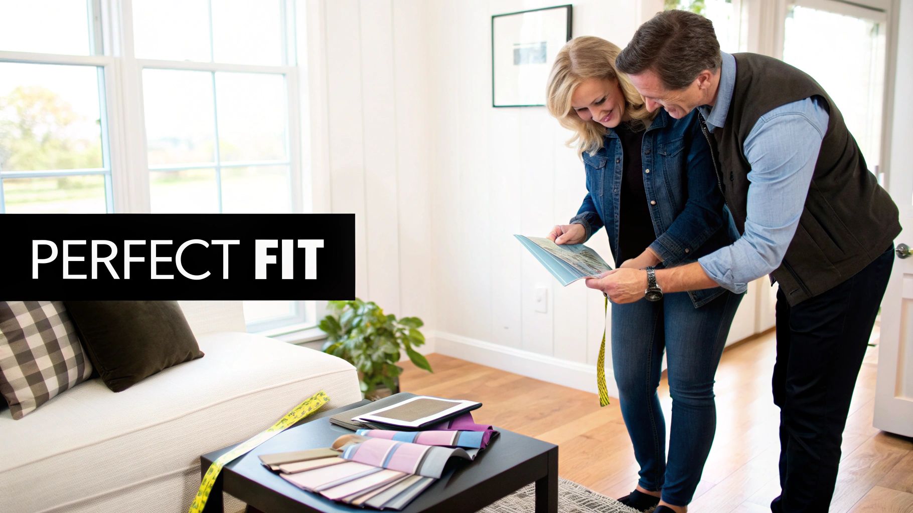 A smiling couple reviews fabric swatches and design options for their home's perfect fit.
