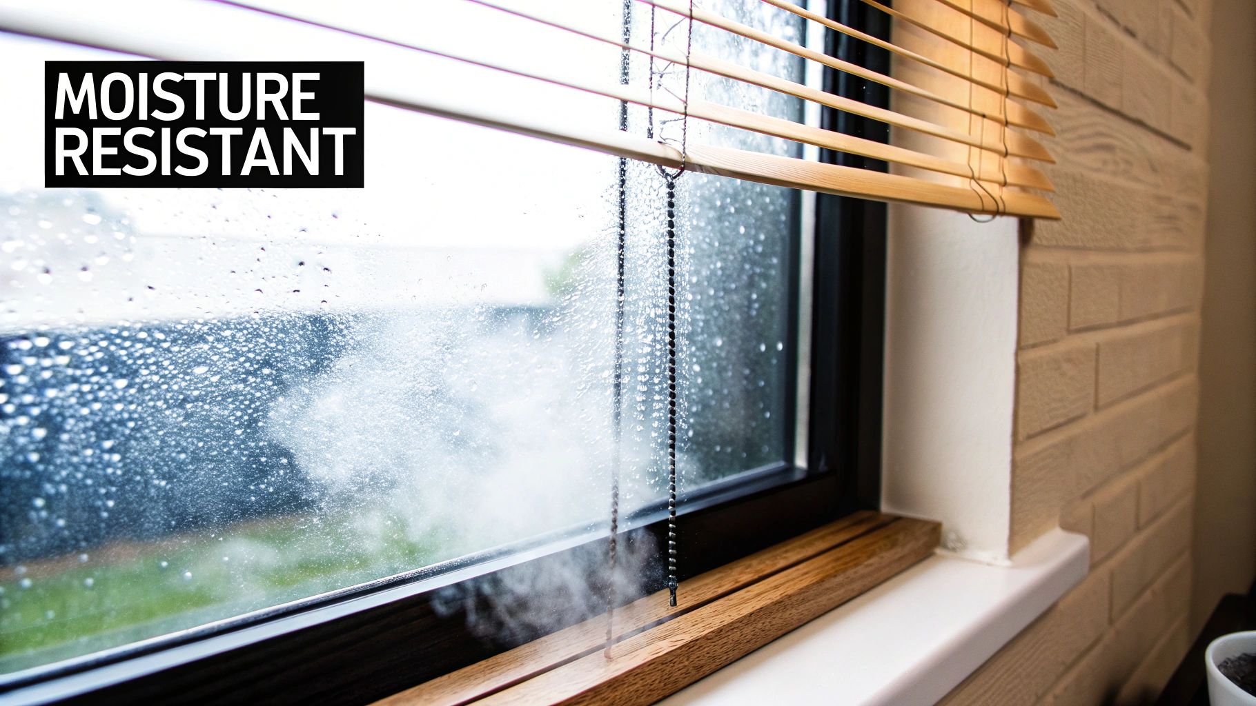 Window with faux wood blinds showing condensation and steam, highlighting moisture resistance.