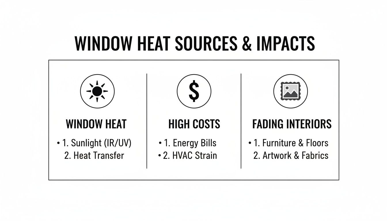 Infographic showing window heat sources like sunlight and heat transfer, causing high costs and fading interiors.