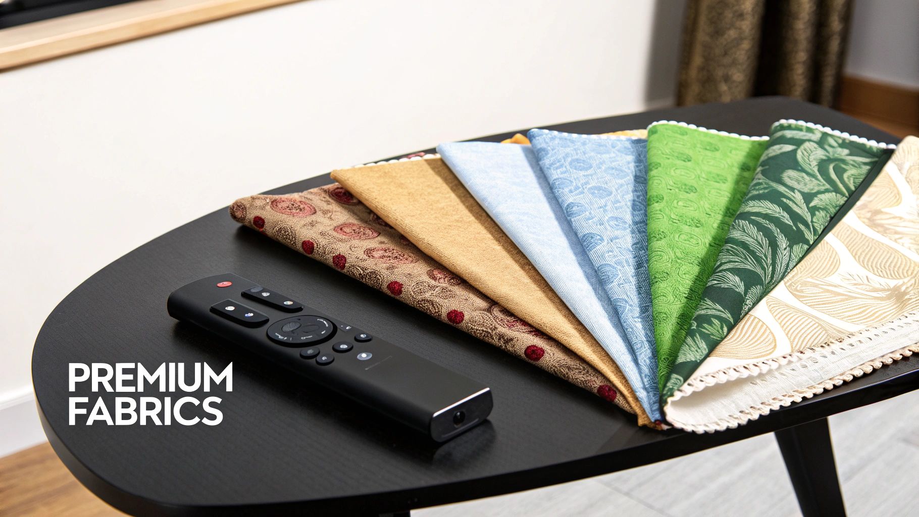 A collection of premium patterned fabric samples in various colors, fanned out on a black table with a remote control.