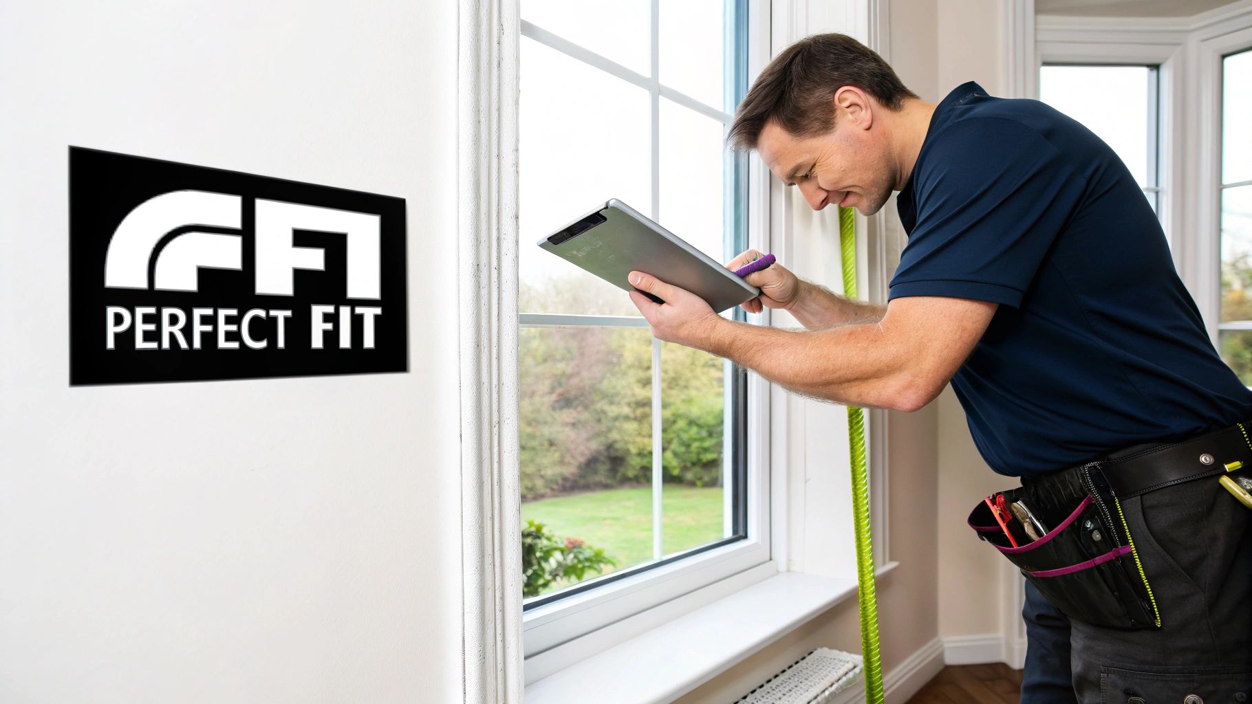 A man in a blue shirt measures a white window frame with a tape measure and tablet.