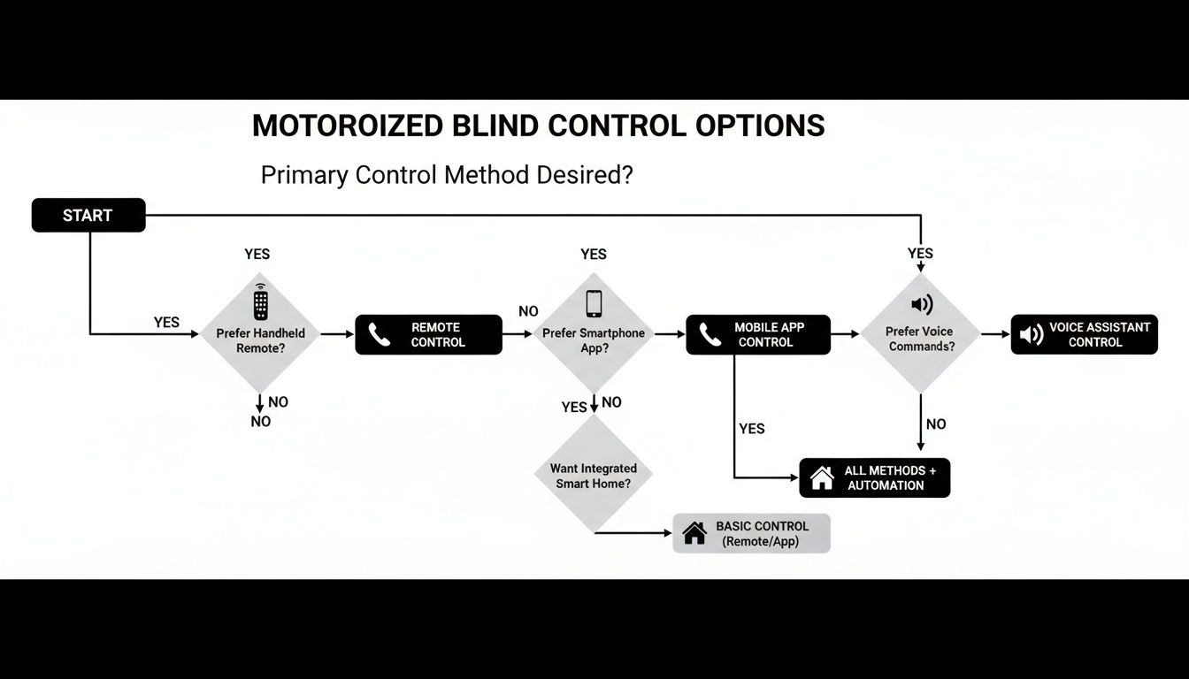 A flowchart showing different motorized blind control options, including remote, mobile app, and voice assistant.