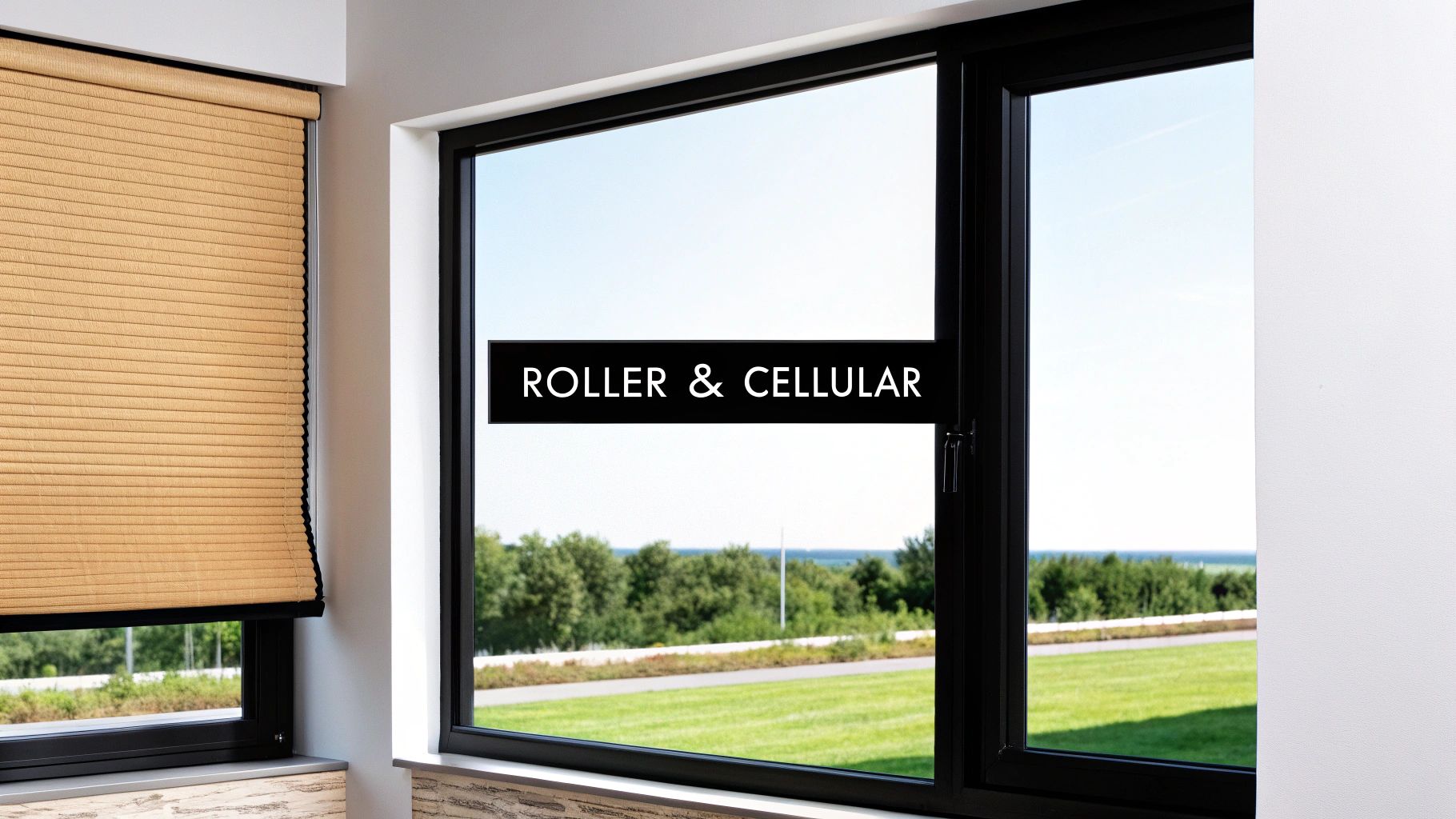 Two windows with a scenic outdoor view; one features a light brown cellular blind, the other a text overlay 'ROLLER & CELLULAR'.