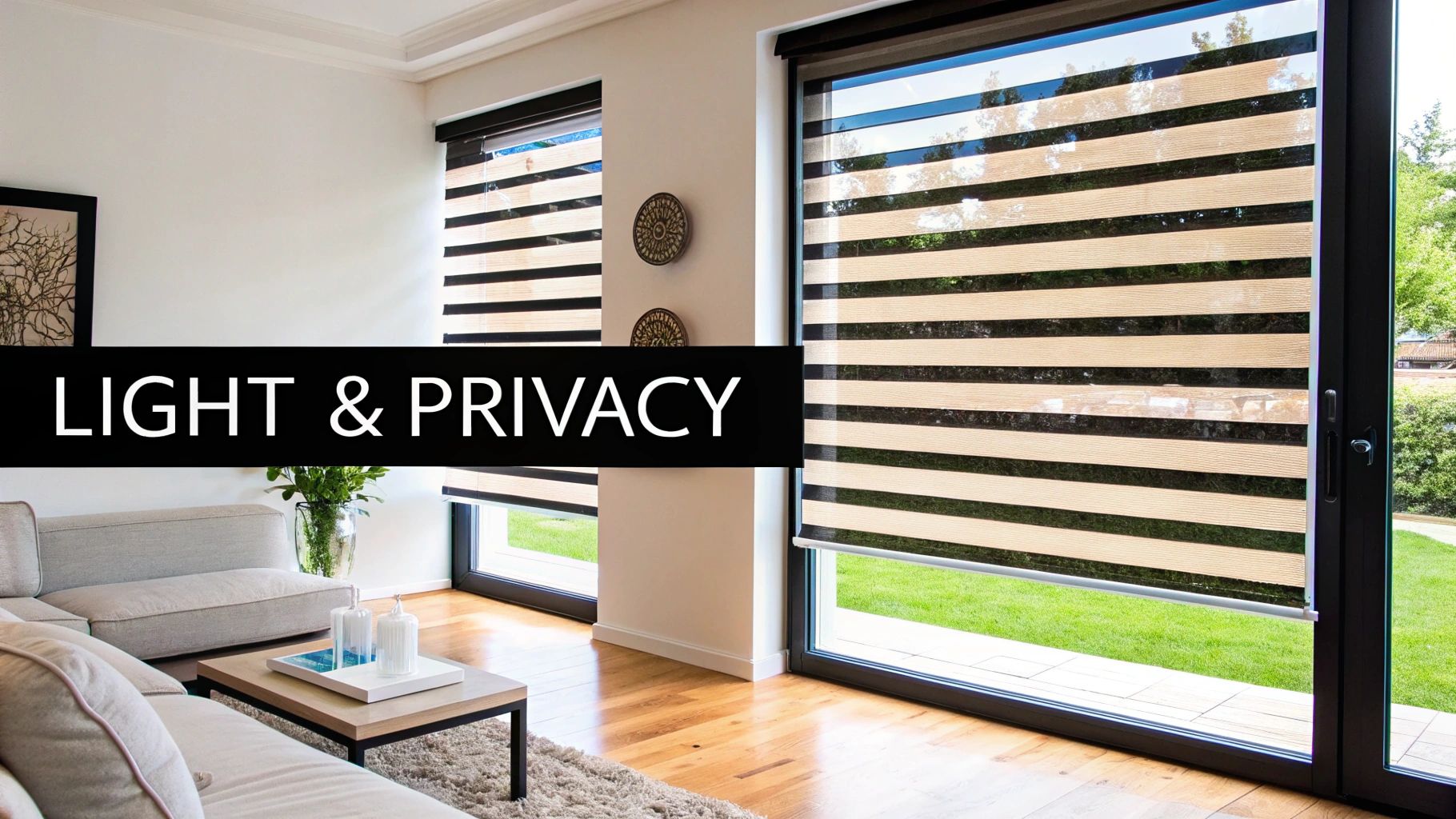 Modern living room with large windows featuring stylish beige and black striped zebra shades for light and privacy.