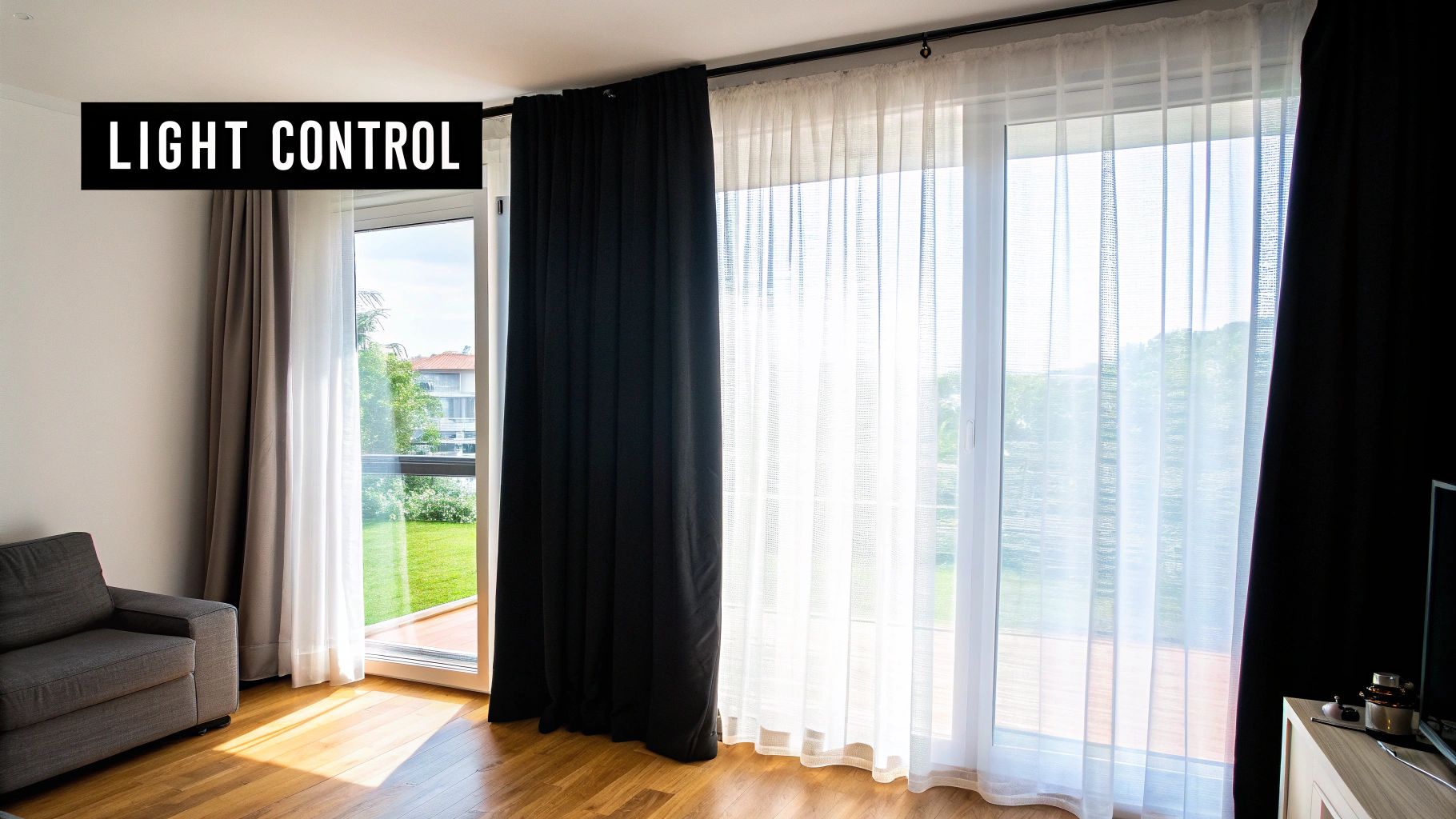 Interior room with window treatments including sheer curtains, brown and black drapes for light control.