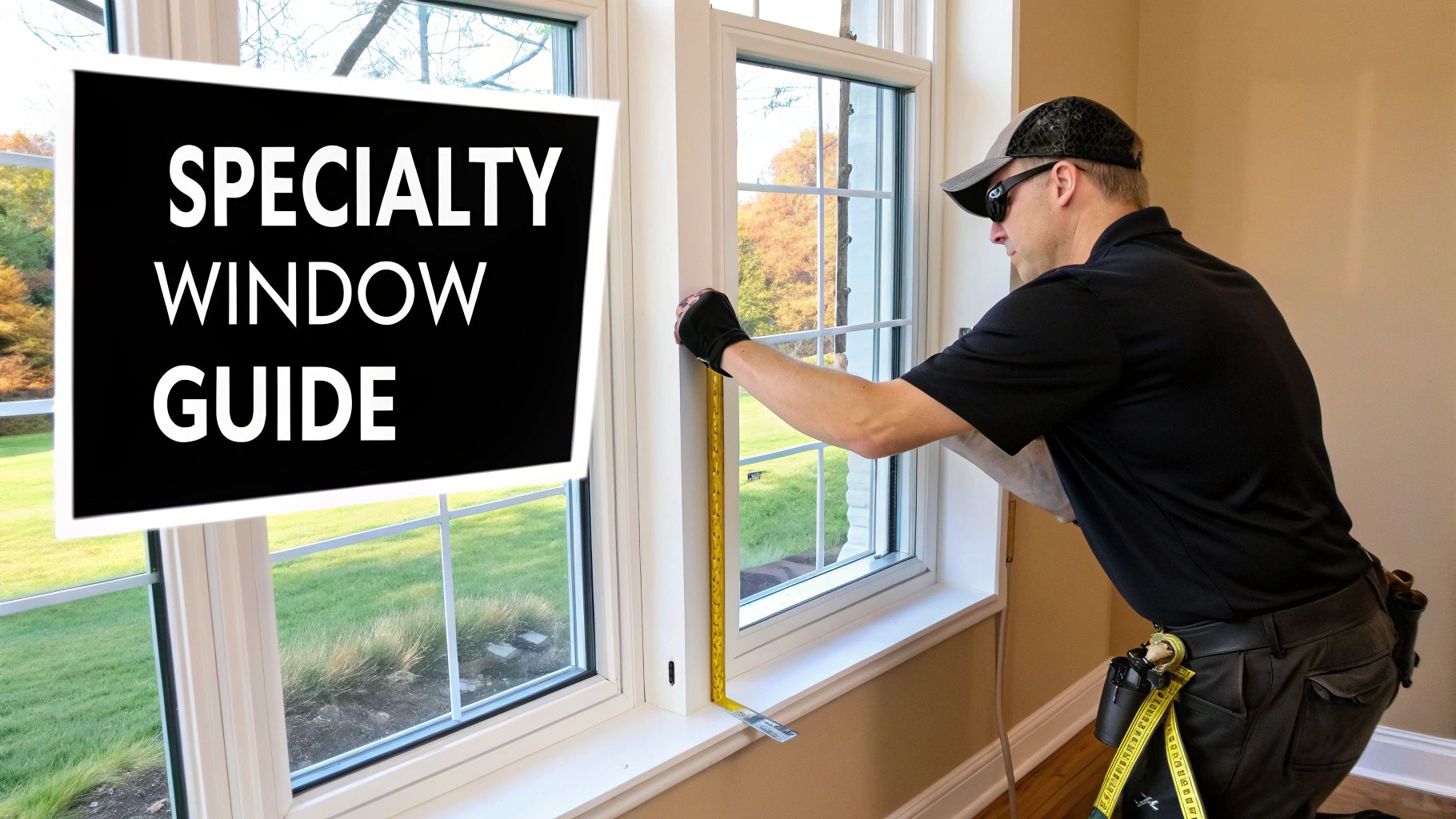 A man in a cap and sunglasses accurately measures a window with a tape measure for installation, with a 'Specialty Window Guide' overlay.