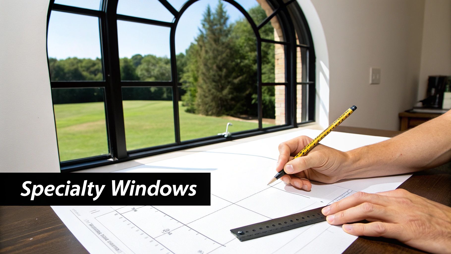 Hands drawing a blueprint with a ruler and pencil next to a large specialty arched window overlooking a green landscape.