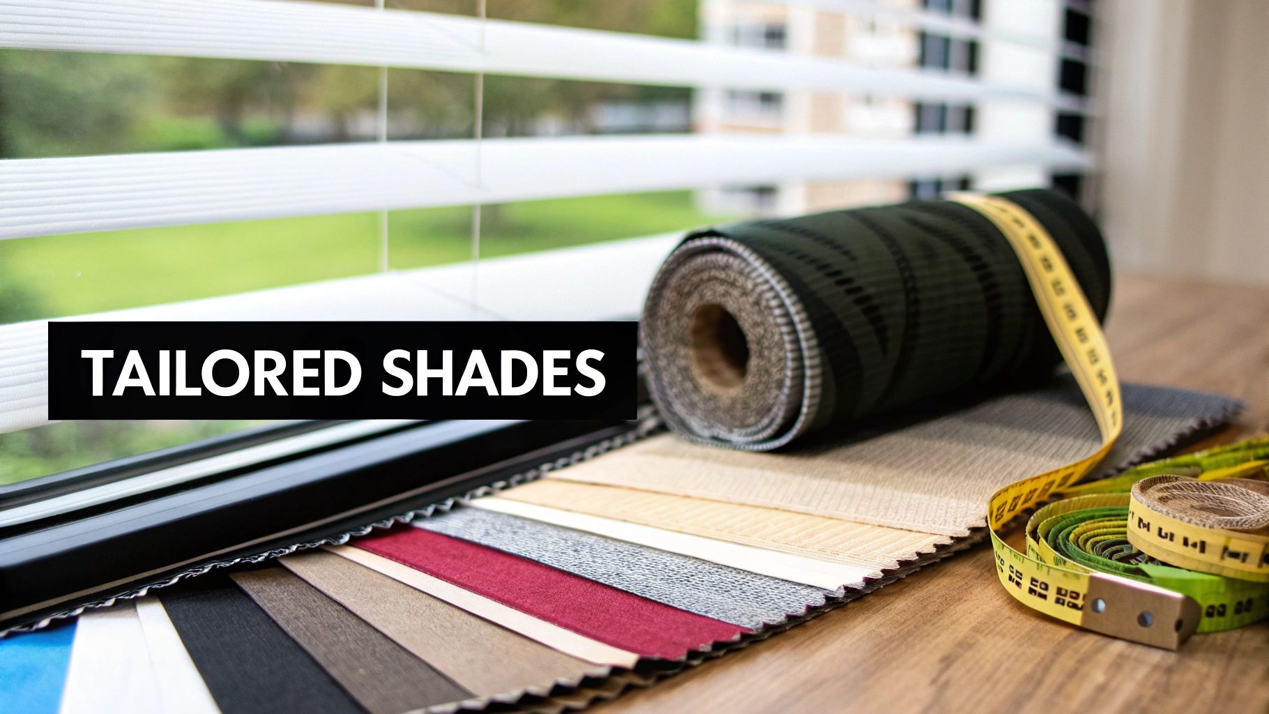 Fabric samples, measuring tape, and a roll of material for tailored window shades on a wooden table.