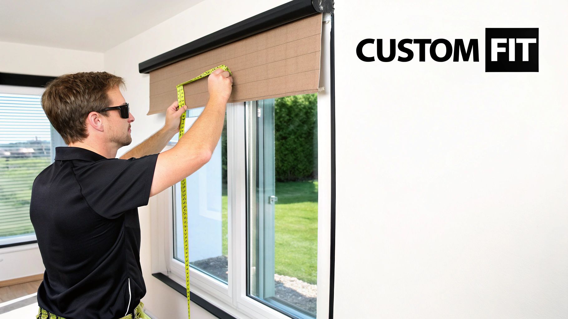 A man wearing sunglasses measures a brown custom fit solar shade on a window with a yellow tape measure.