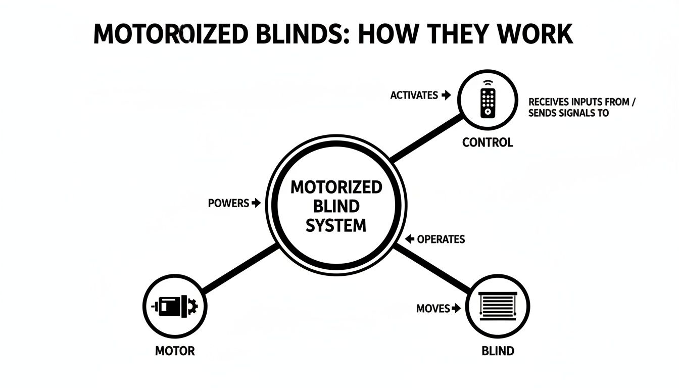 Diagram illustrating how a motorized blind system works, showing control, motor, and blind components.