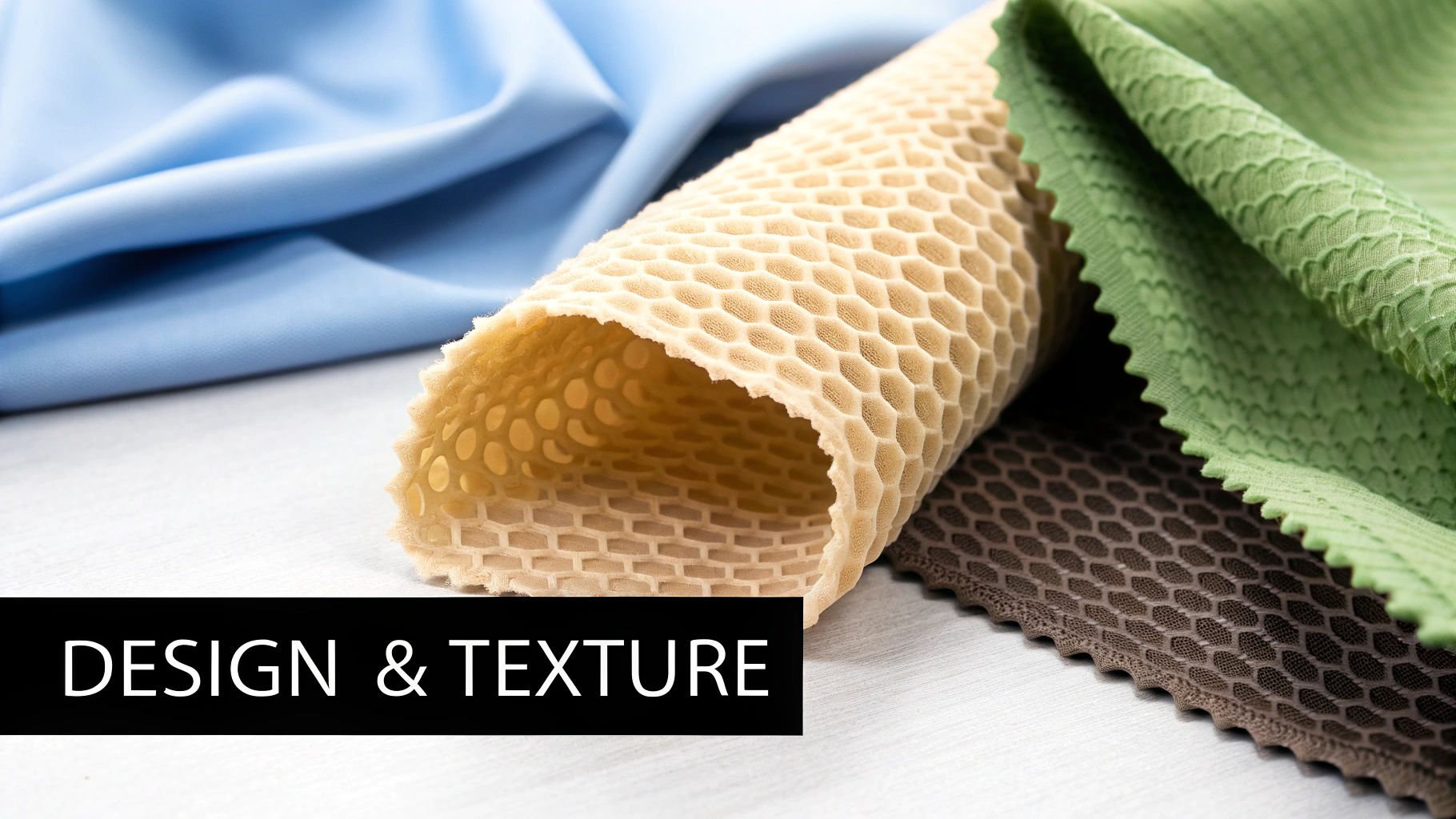 Various textured fabrics in blue, beige honeycomb, green, and brown, showcasing design and material textures.