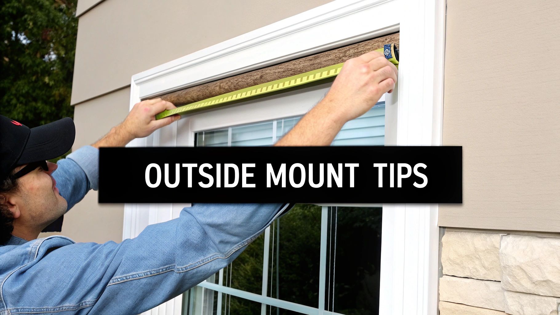 A person uses a tape measure to measure a window for outside mount shades.