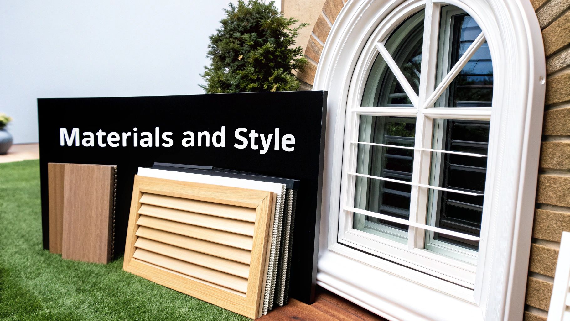 Various window treatment samples and materials, including a shutter and arched window, with a 'Materials and Style' sign.