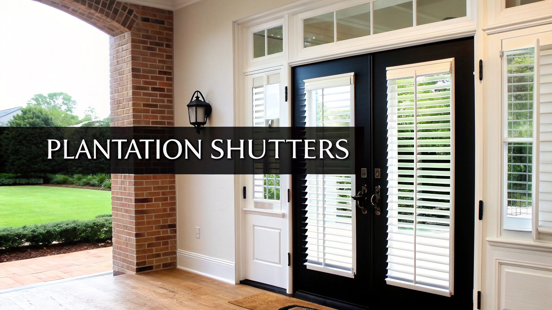 Elegant black French doors with white plantation shutters and a brick archway leading outside.