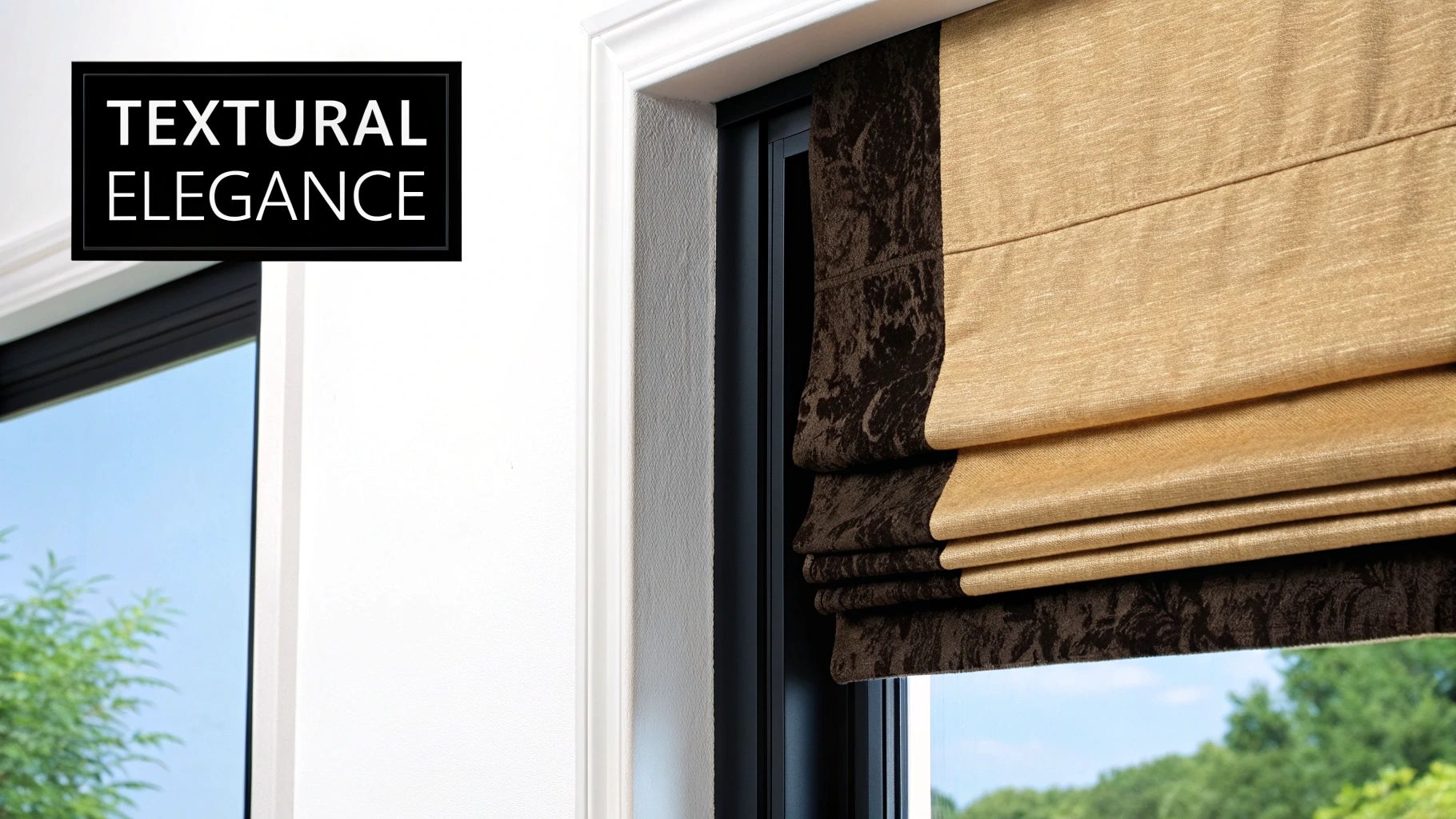 Elegant two-tone Roman shades with dark patterned and light textured fabric, seen in a window.