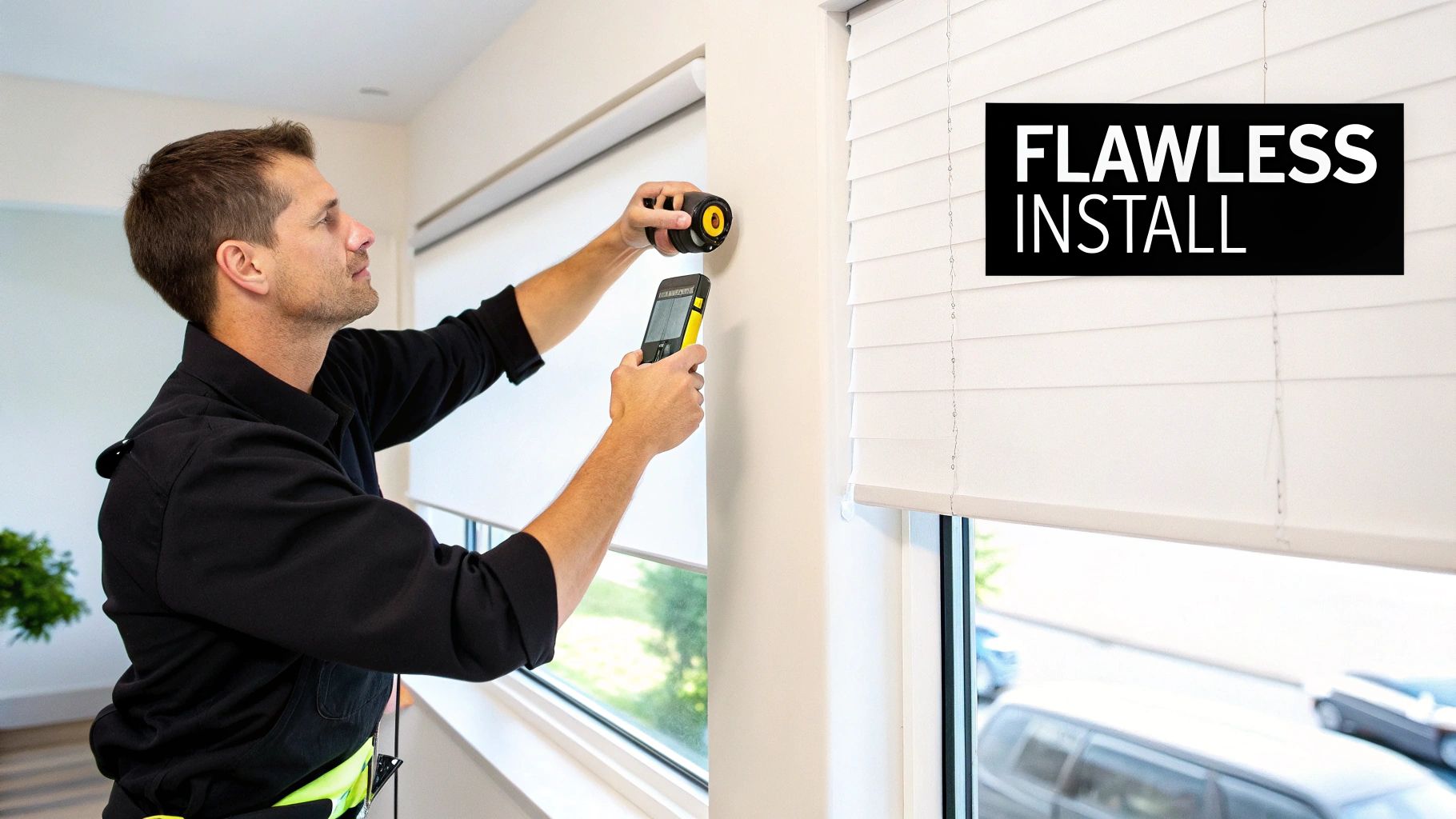 A man carefully installing white window blinds with measuring tools, ensuring a flawless setup.