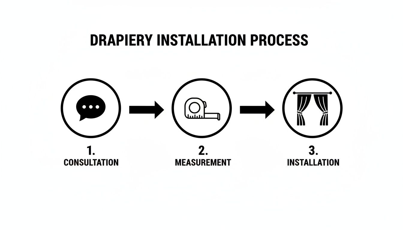 A clear diagram illustrating the 3-step drapery installation process: consultation, measurement, and installation.