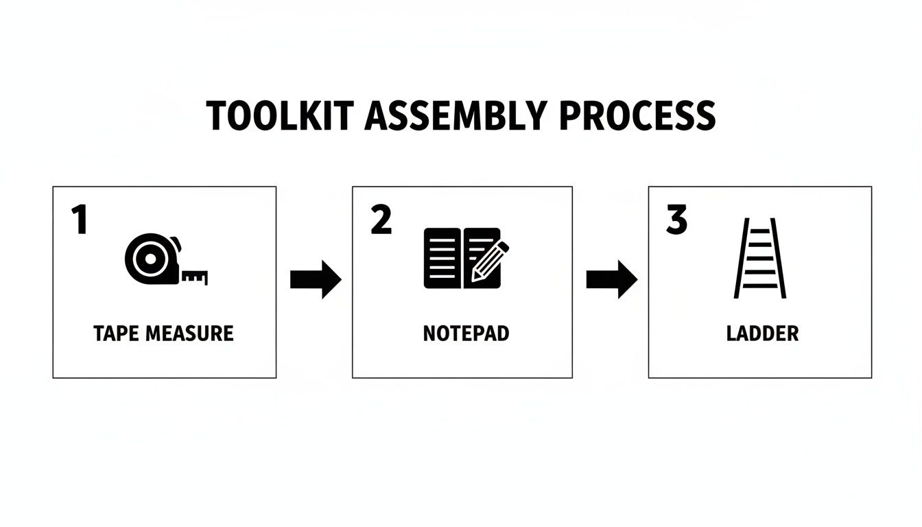 A toolkit assembly process flow showing a tape measure, notepad, and ladder in three sequential steps.