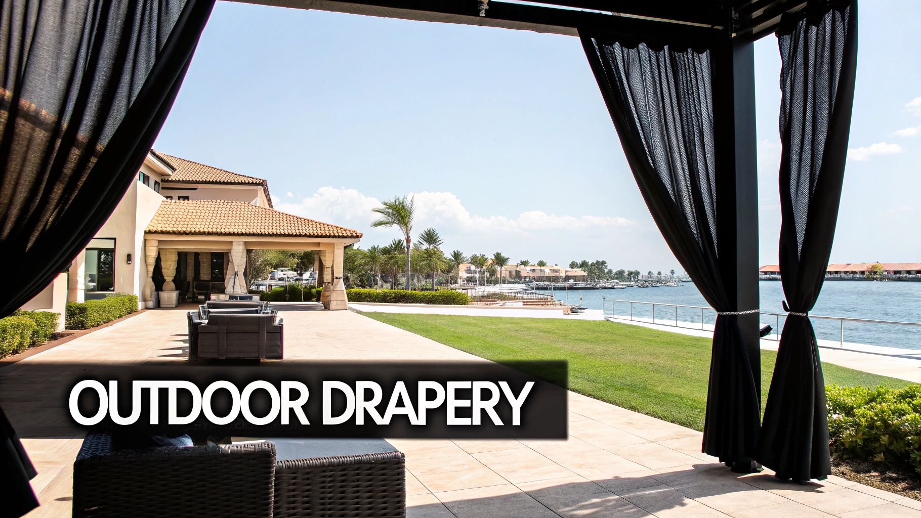 Black outdoor drapery frames a luxurious patio with a view of a waterfront property, boats, and palm trees.