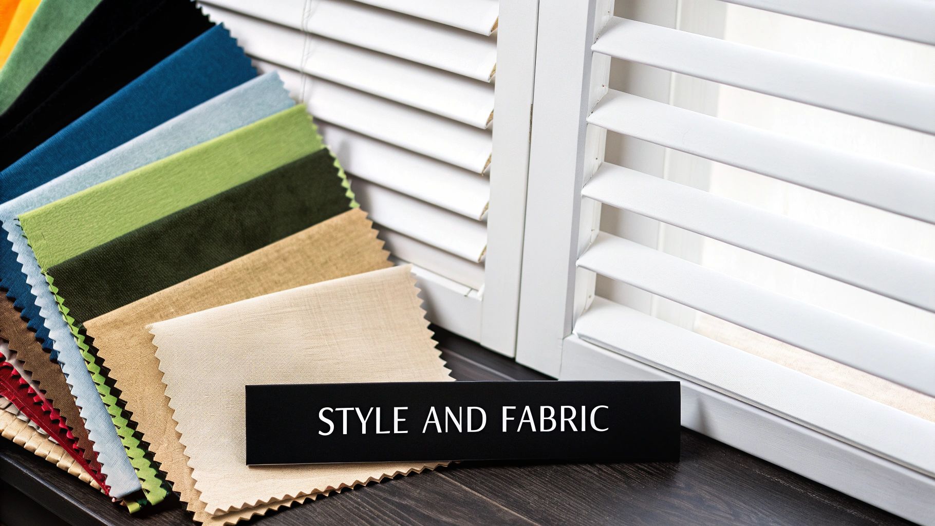 Colorful fabric swatches and white window shutters with a "STYLE AND FABRIC" sign for interior design inspiration.