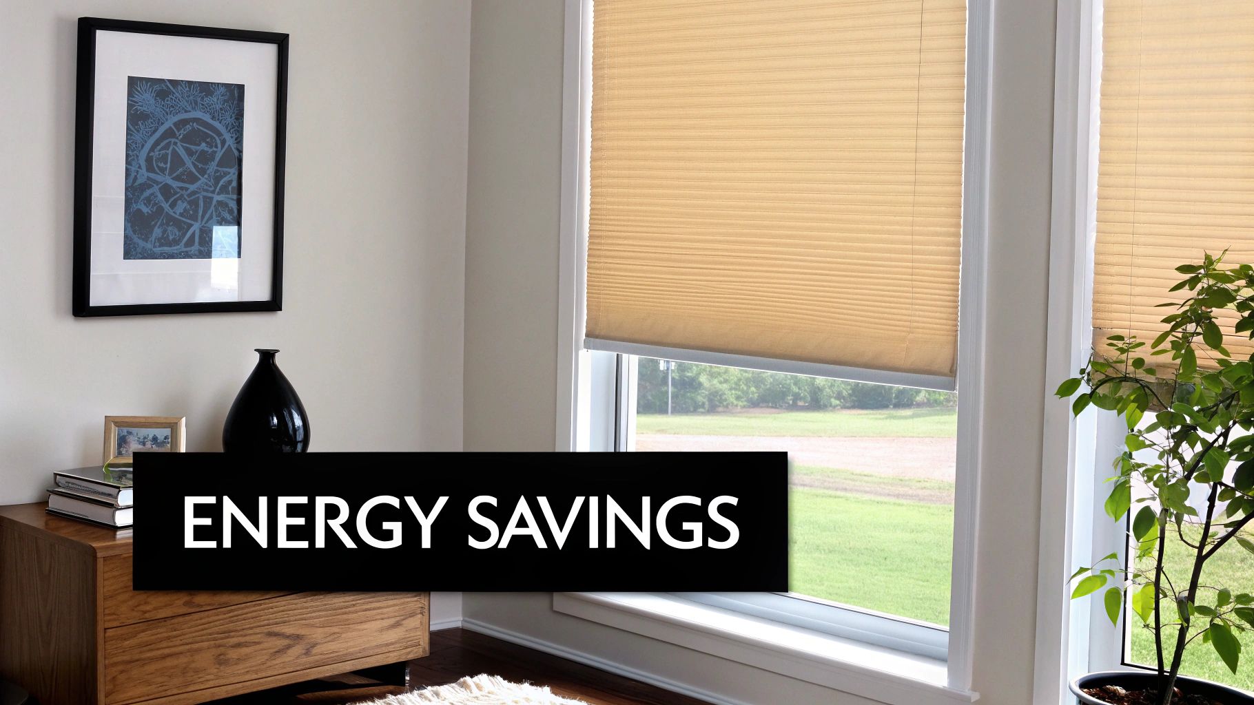 Cellular shades are installed in a home, with a prominent 'ENERGY SAVINGS' message highlighting their benefit.