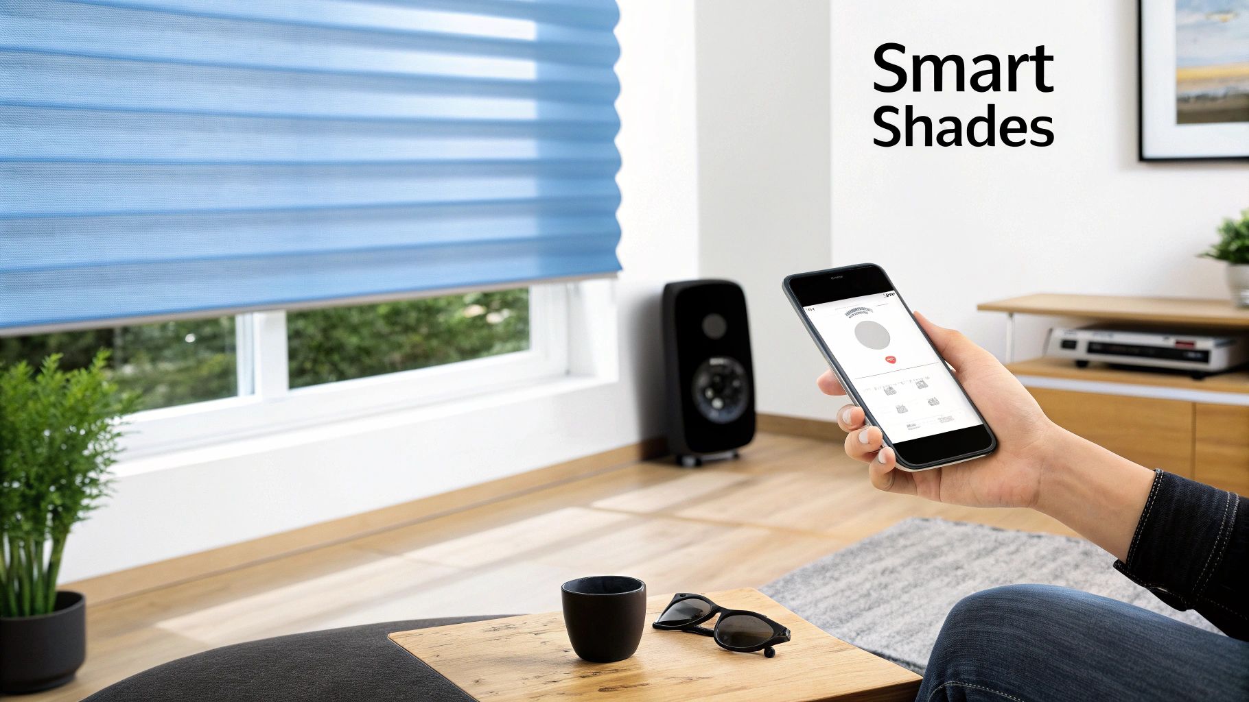 A person uses a smartphone app to control blue smart shades in a modern living room.