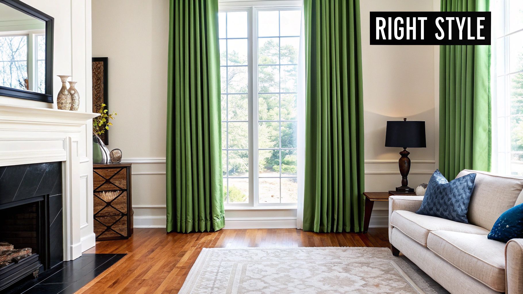 A traditional living room featuring long green drapes framing a large window, a fireplace, and a beige sofa.