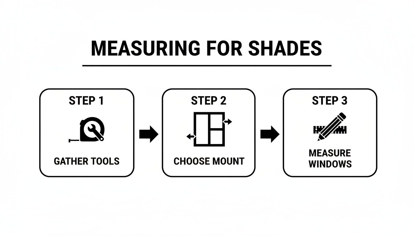A three-step guide for measuring shades, illustrating gathering tools, choosing mount, and measuring windows.