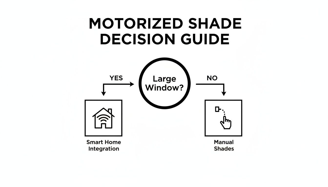 A decision guide for motorized shades, suggesting smart home integration for large windows or manual shades otherwise.