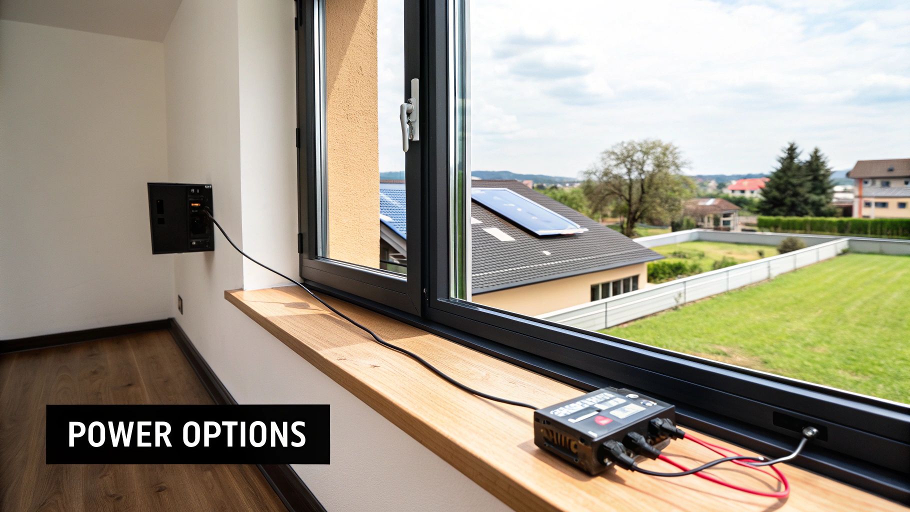 A wall-mounted power unit connected to a device on a wooden windowsill, overlooking a suburban landscape with solar panels.