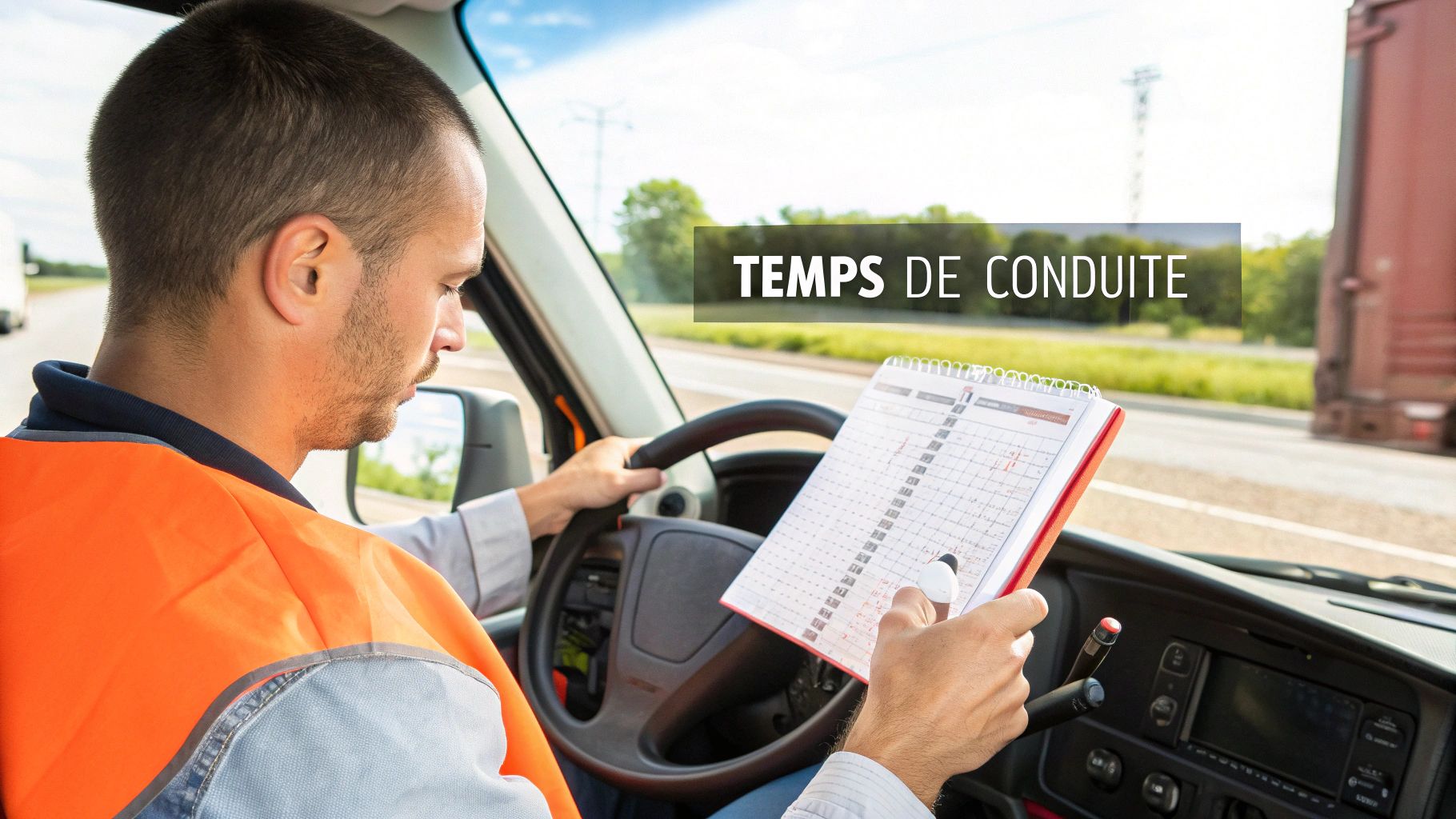 Un chauffeur routier en gilet orange examine son carnet de bord des temps de conduite dans son camion.