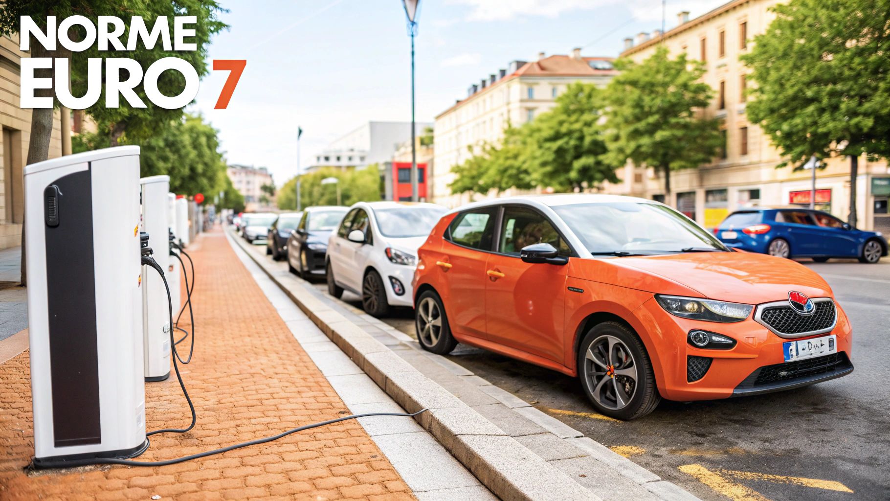 Bornes de recharge électriques sur un trottoir, avec une voiture orange en charge et d'autres véhicules en ville, texte Norme Euro 7.
