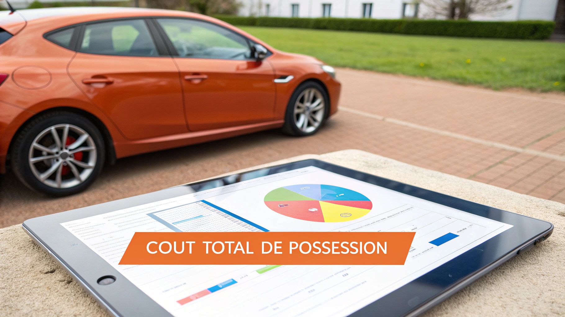 Tablette affichant des graphiques financiers sur le Coût Total de Possession d'une voiture orange.