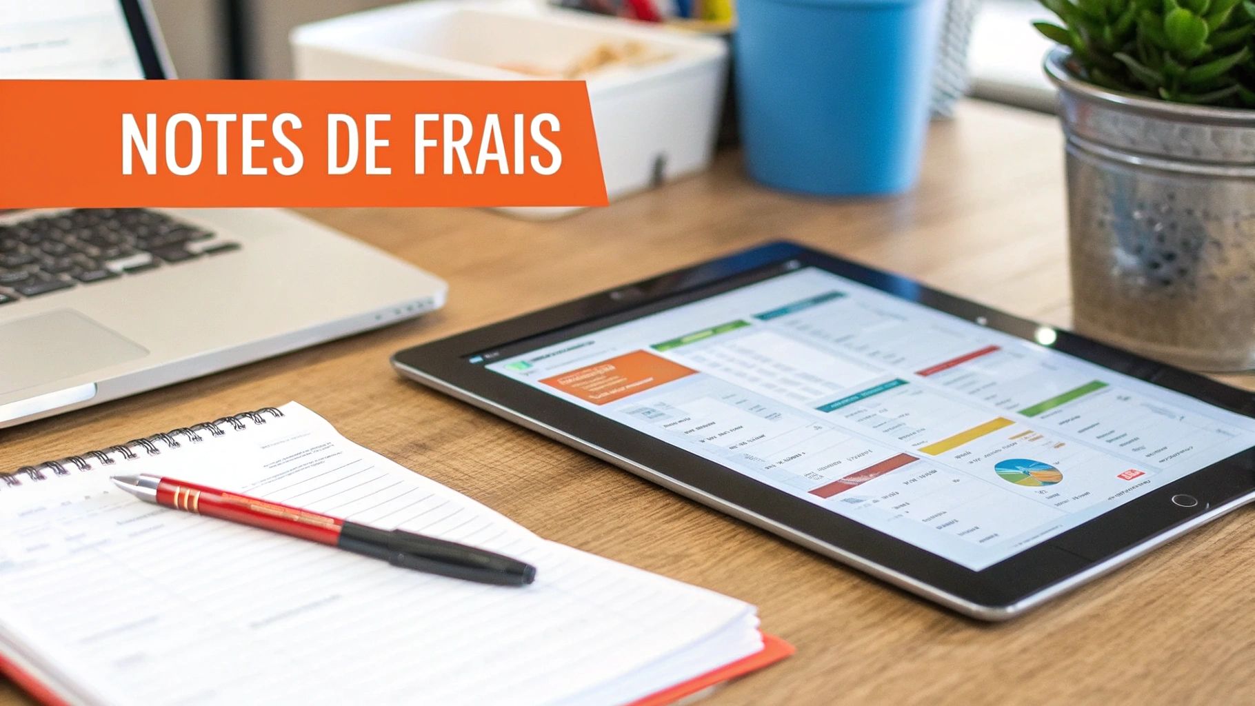 Bureau de travail avec un ordinateur portable, une tablette affichant des données et des notes de frais.