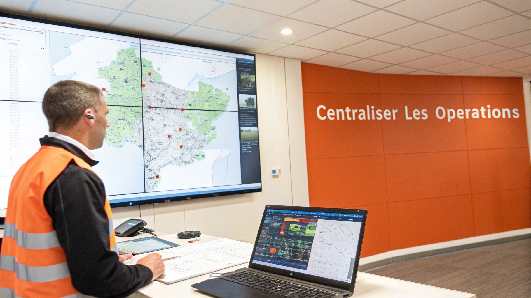 Opérateur dans une salle de contrôle moderne supervisant des opérations de transport sur un grand écran de carte.