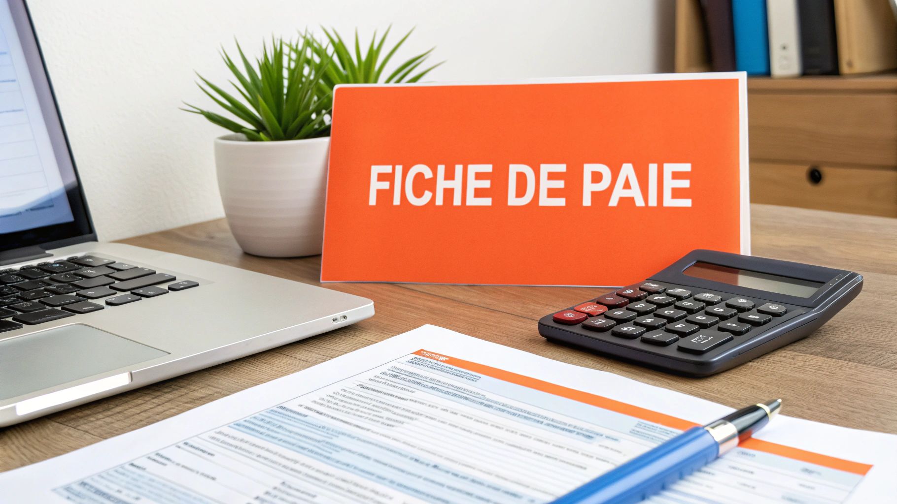 Un bureau avec un ordinateur portable, une calculatrice, des documents et une pancarte orange indiquant « FICHE DE PAIE ».