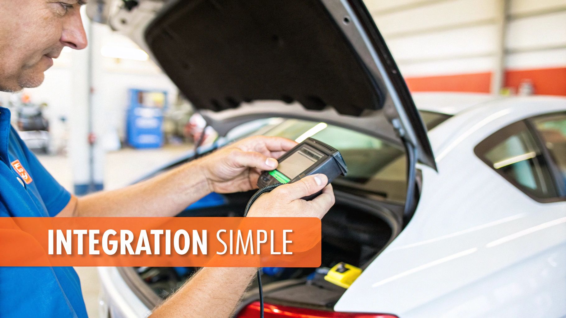 Un technicien automobile utilise un outil de diagnostic pour vérifier un véhicule blanc dans un garage, offrant une intégration simple.