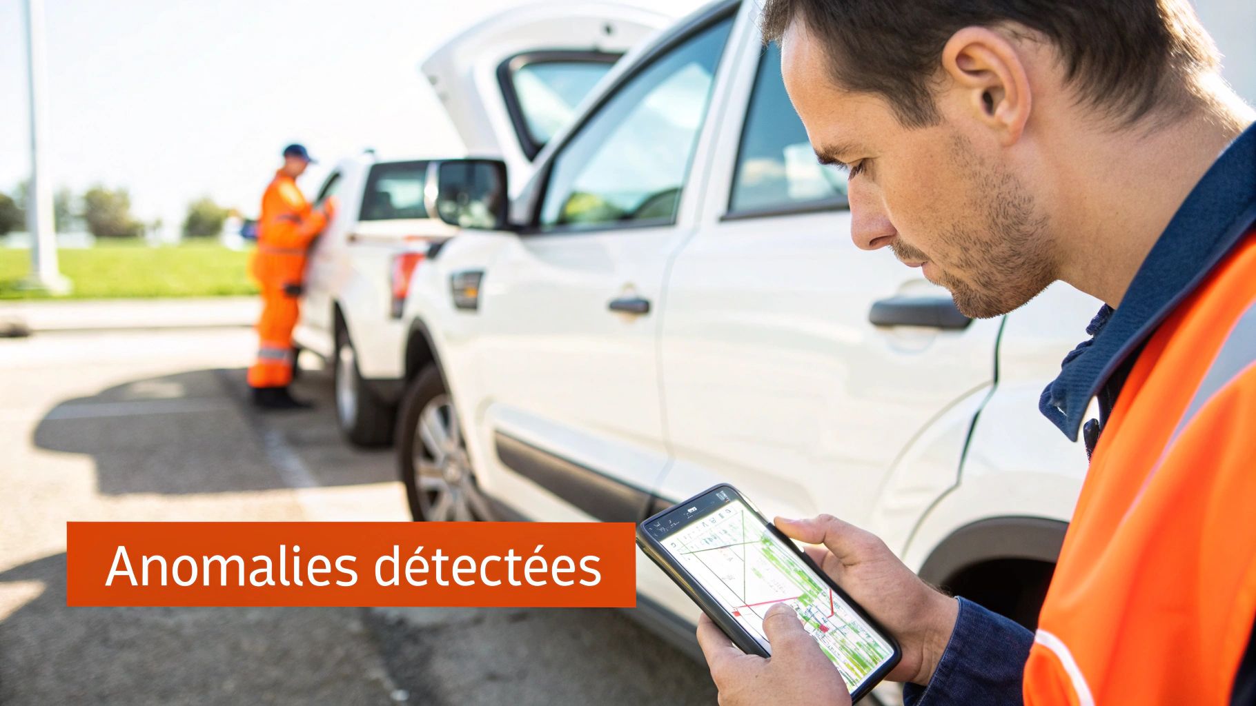 Un homme en gilet orange utilise un smartphone affichant une carte pour analyser des anomalies détectées, près de véhicules de service.