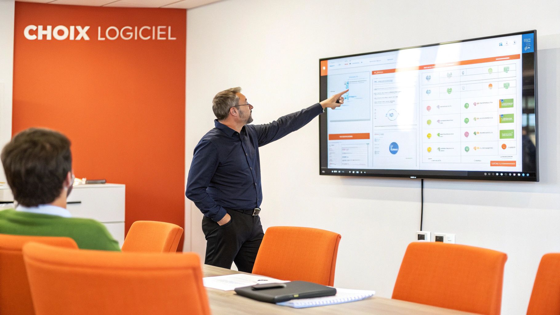 Un homme présente un logiciel sur un grand écran interactif dans une salle de réunion moderne.