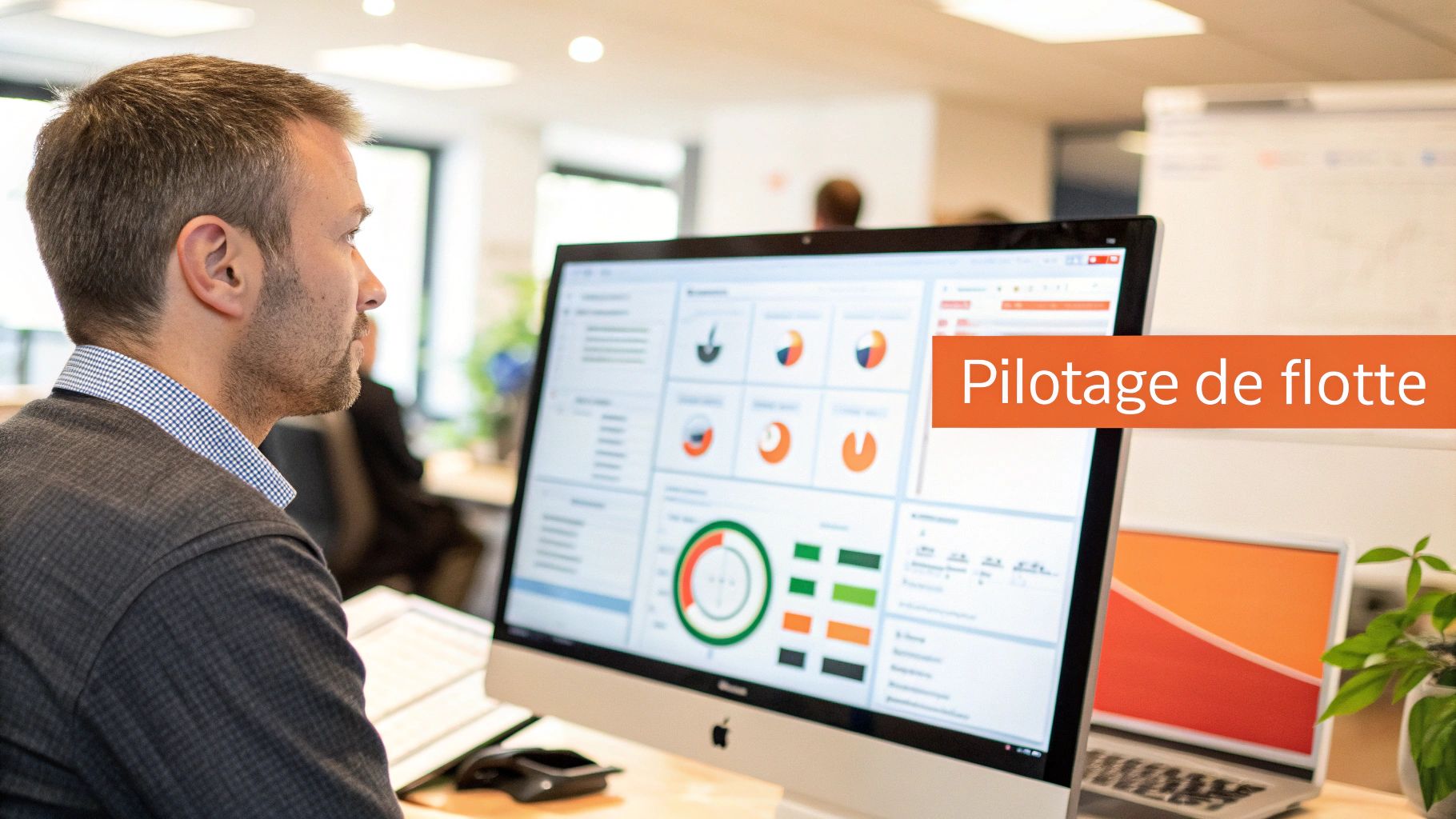Un homme consulte un tableau de bord numérique de pilotage de flotte sur un ordinateur iMac dans un bureau moderne.
