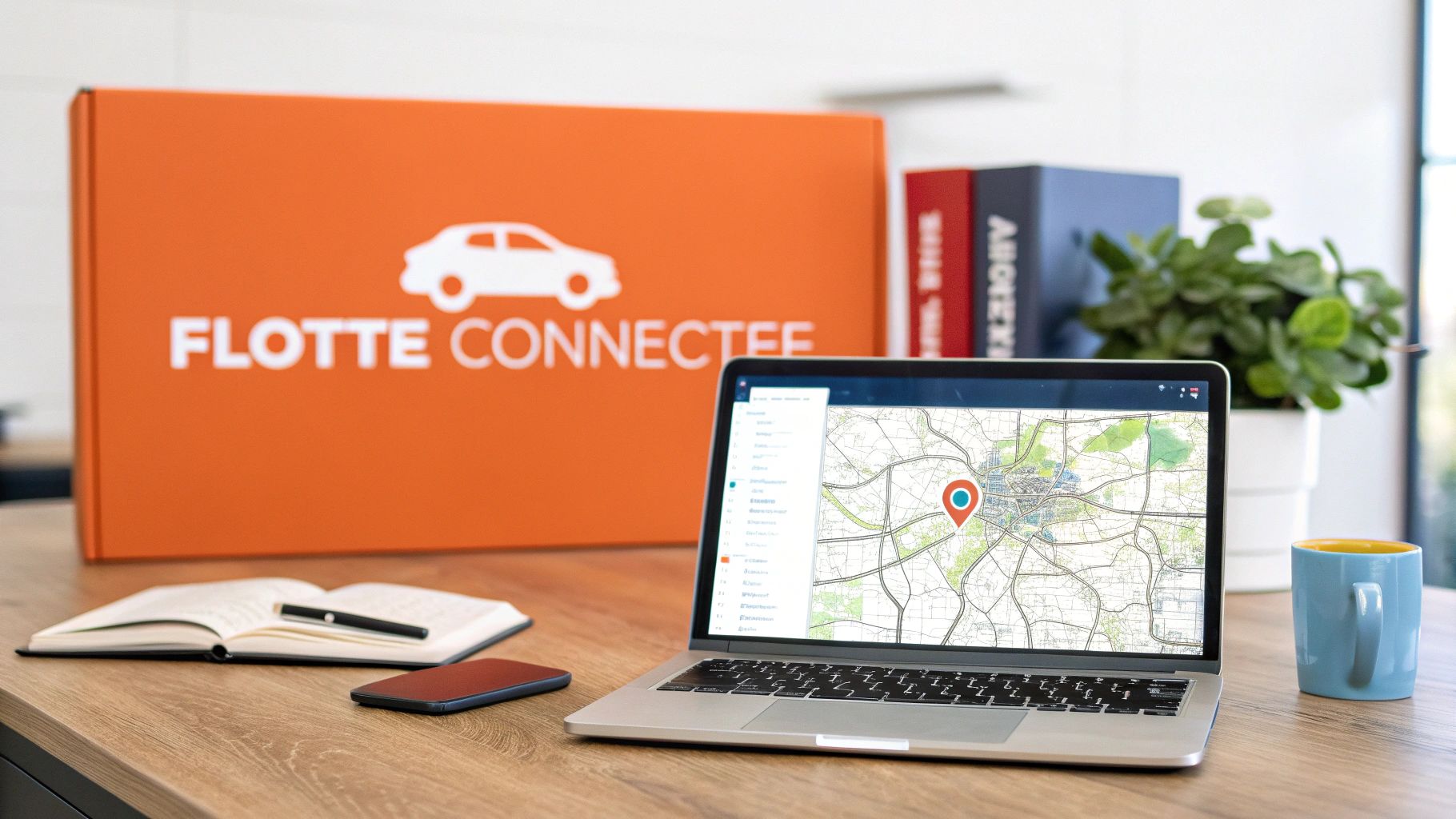 Bureau avec un ordinateur portable affichant une carte, un carnet, un téléphone, une tasse et une boîte "FLOTTE CONNECTEE".