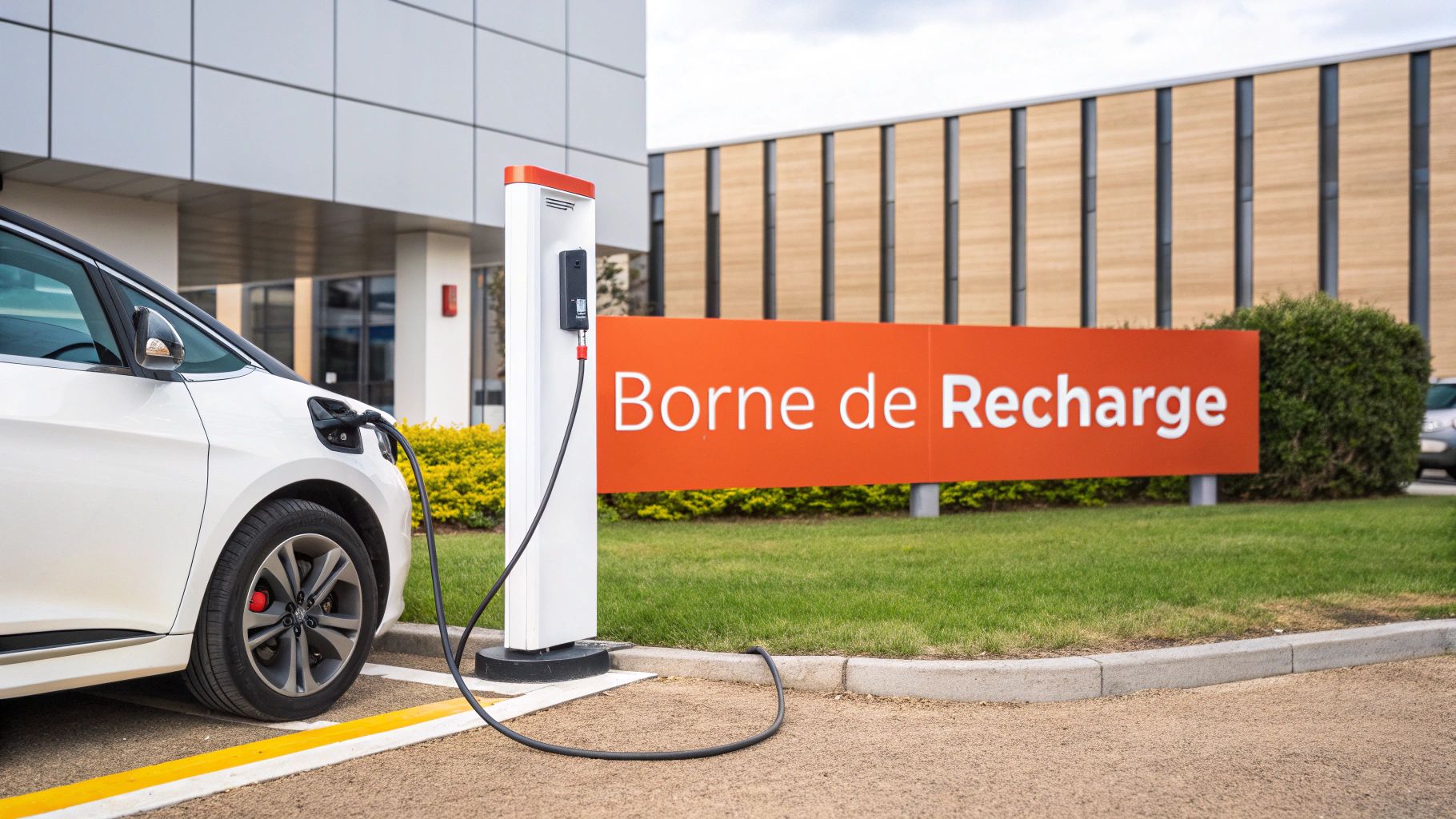 Une voiture électrique blanche est garée et se recharge à une borne de recharge moderne en extérieur. Un panneau orange indique "Borne de Recharge".