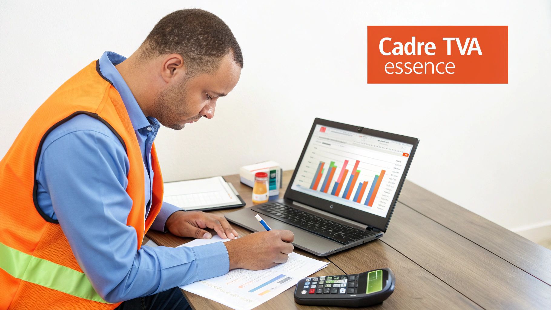 Un homme en gilet de sécurité orange et chemise bleue écrit sur des documents, un ordinateur portable et une calculatrice à ses côtés.