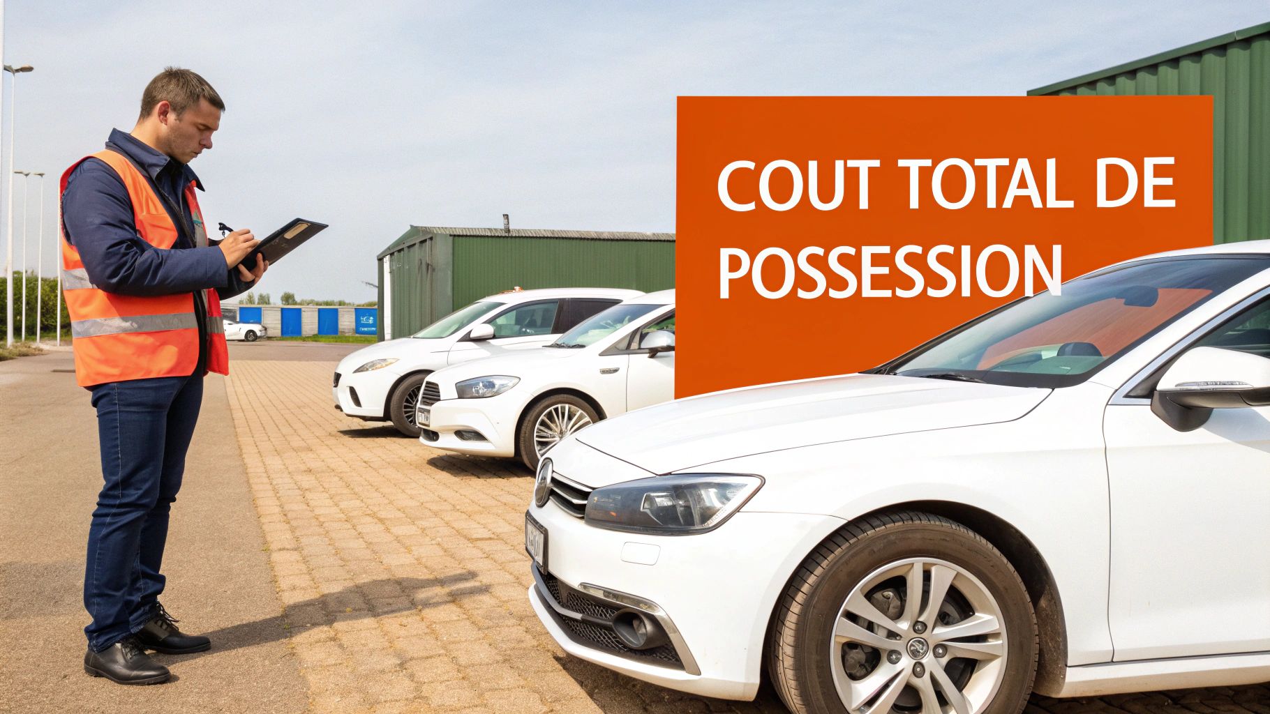 Un homme en gilet orange inspecte des voitures blanches dans un parking, avec le texte "COUT TOTAL DE POSSESSION".